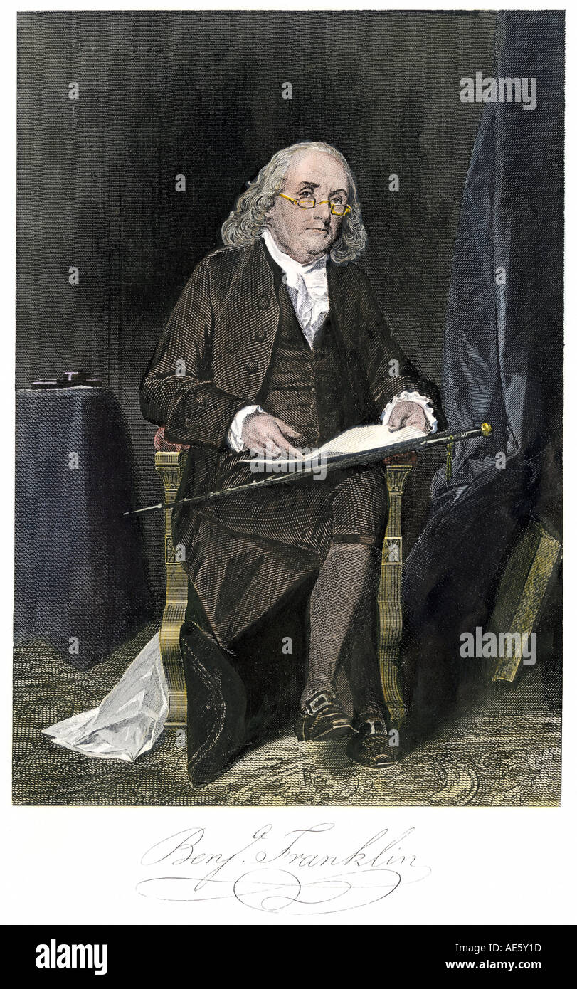 Benjamin Franklin seated with his signature beneath the portrait. Hand-colored steel engraving Stock Photo