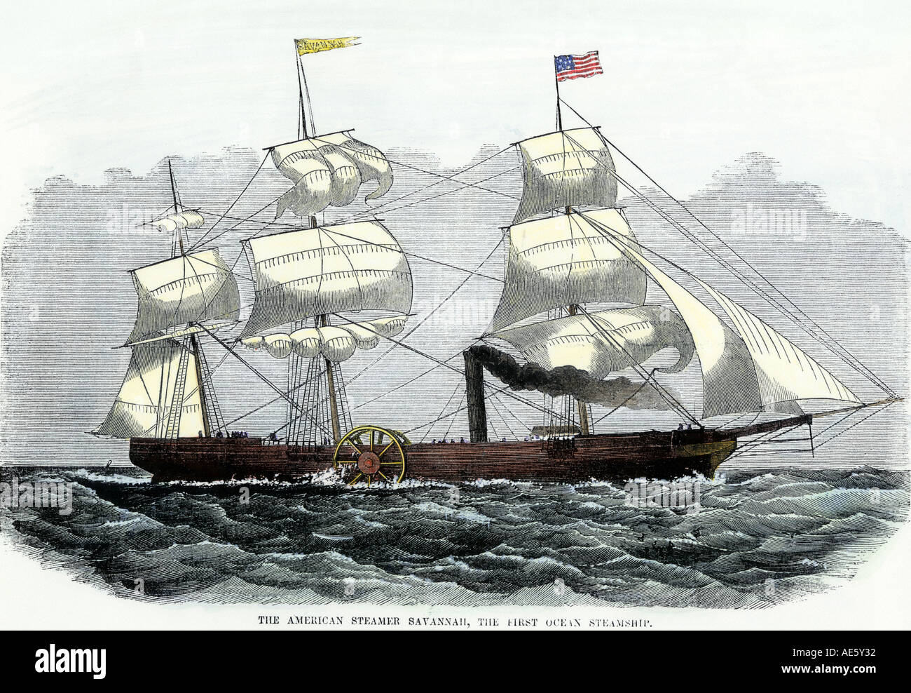 American paddlewheeler Savannah first steamship to cross the Atlantic 1819. Hand-colored woodcut Stock Photo