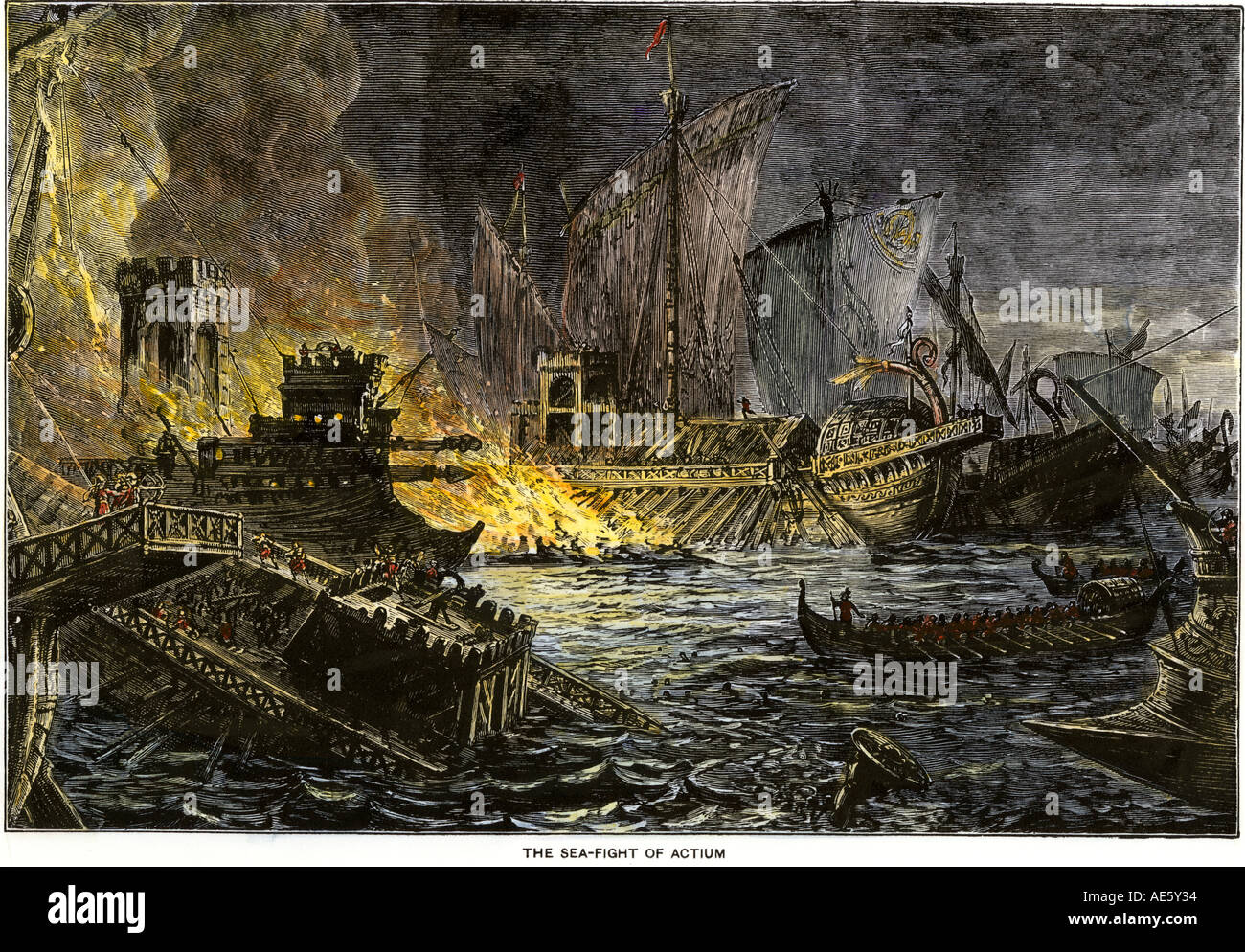 Sea battle of Actium 31 BC in which Octavius defeated Antony and Cleopatra. Hand-colored woodcut Stock Photo