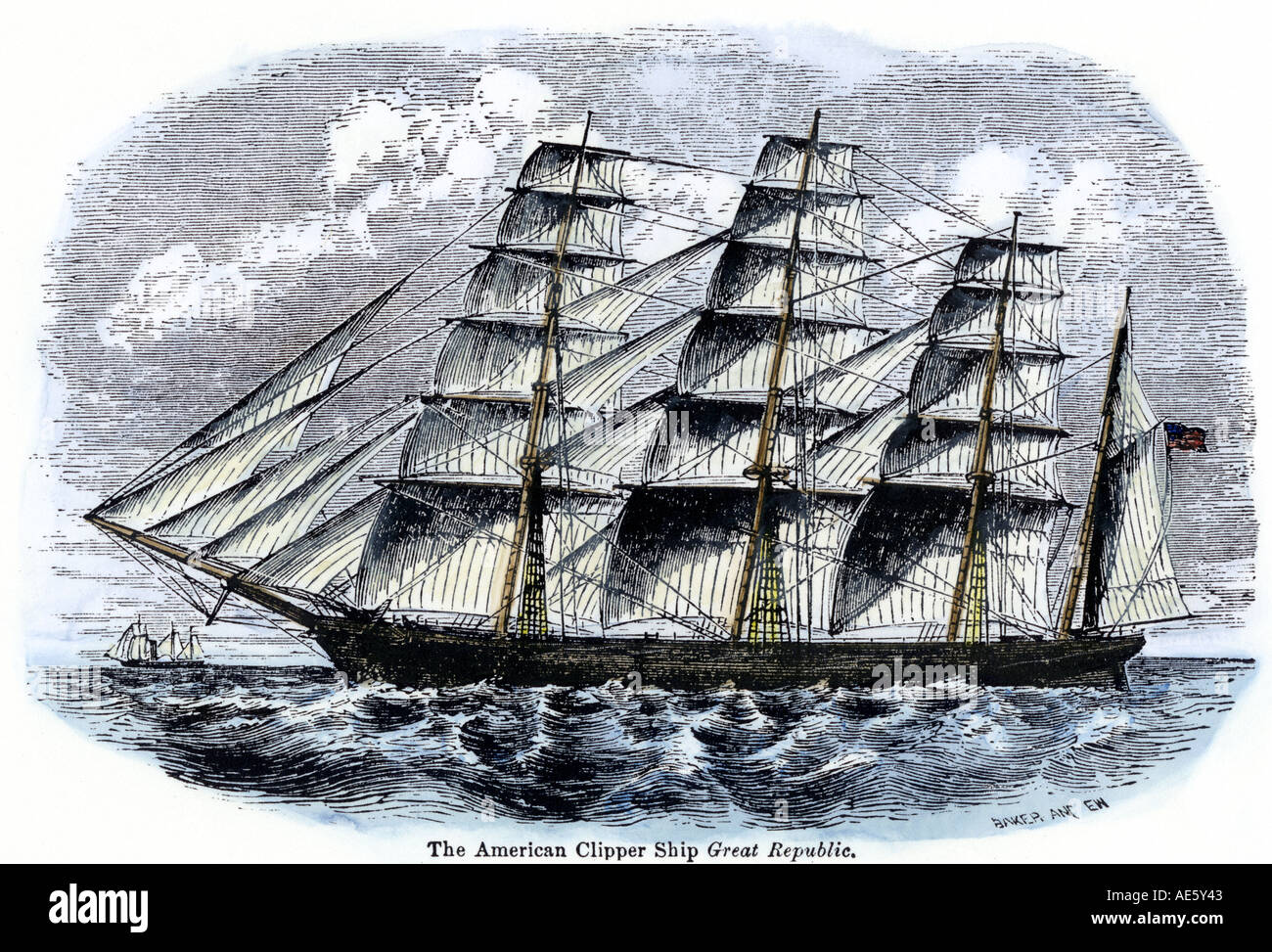 American clipper ship Great Republic designed by Donald McKay. Hand-colored woodcut Stock Photo