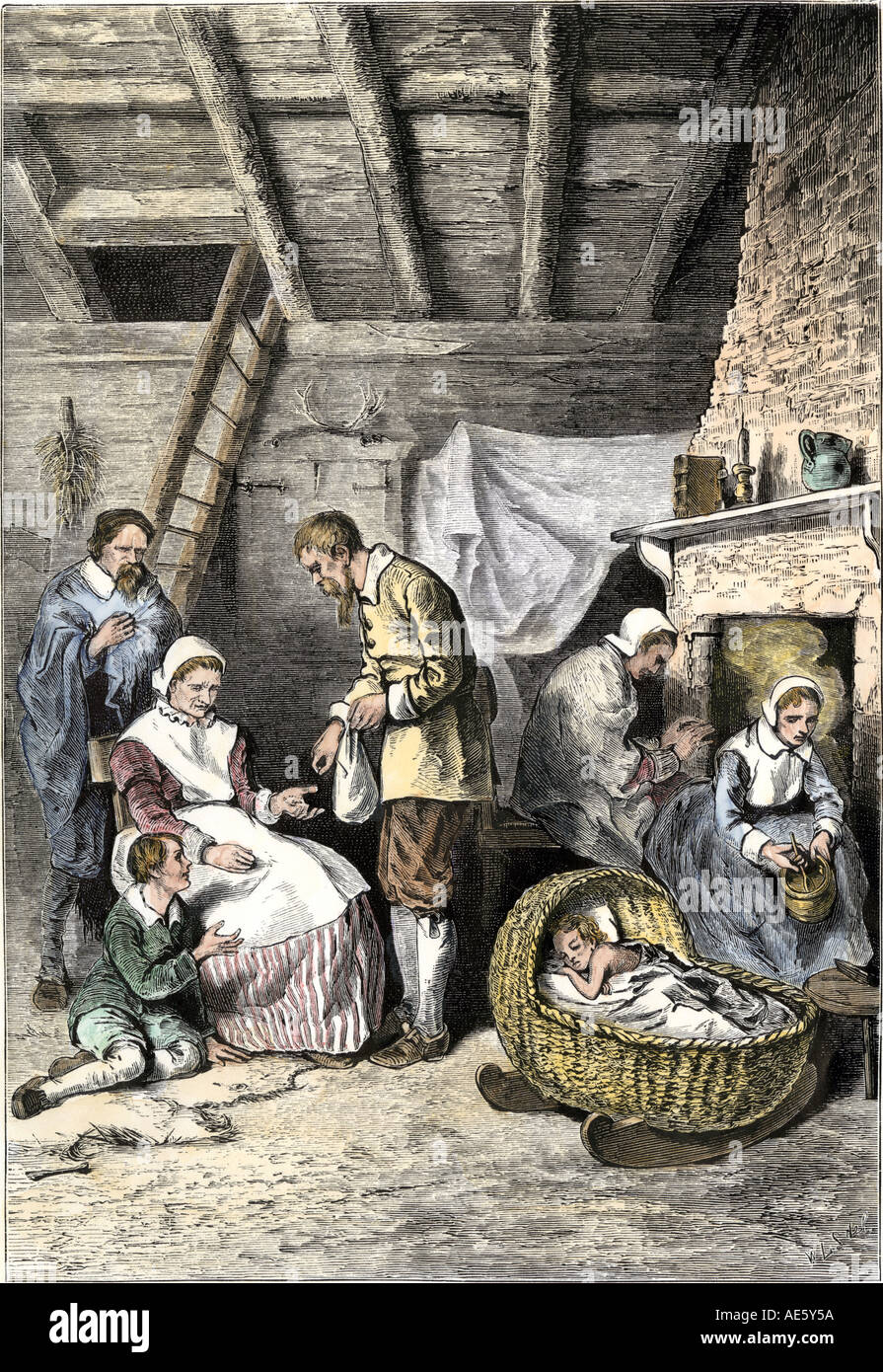 Jamestown colonists dealing out the last 5 kernels of corn during the Starving Time 1600s. Hand-colored woodcut Stock Photo