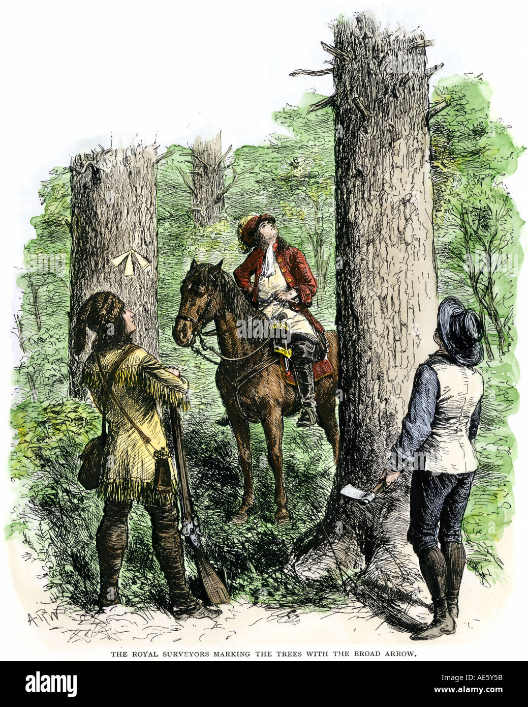 Royal surveyors marking trees with arrows in West Virginia 1600s. Hand