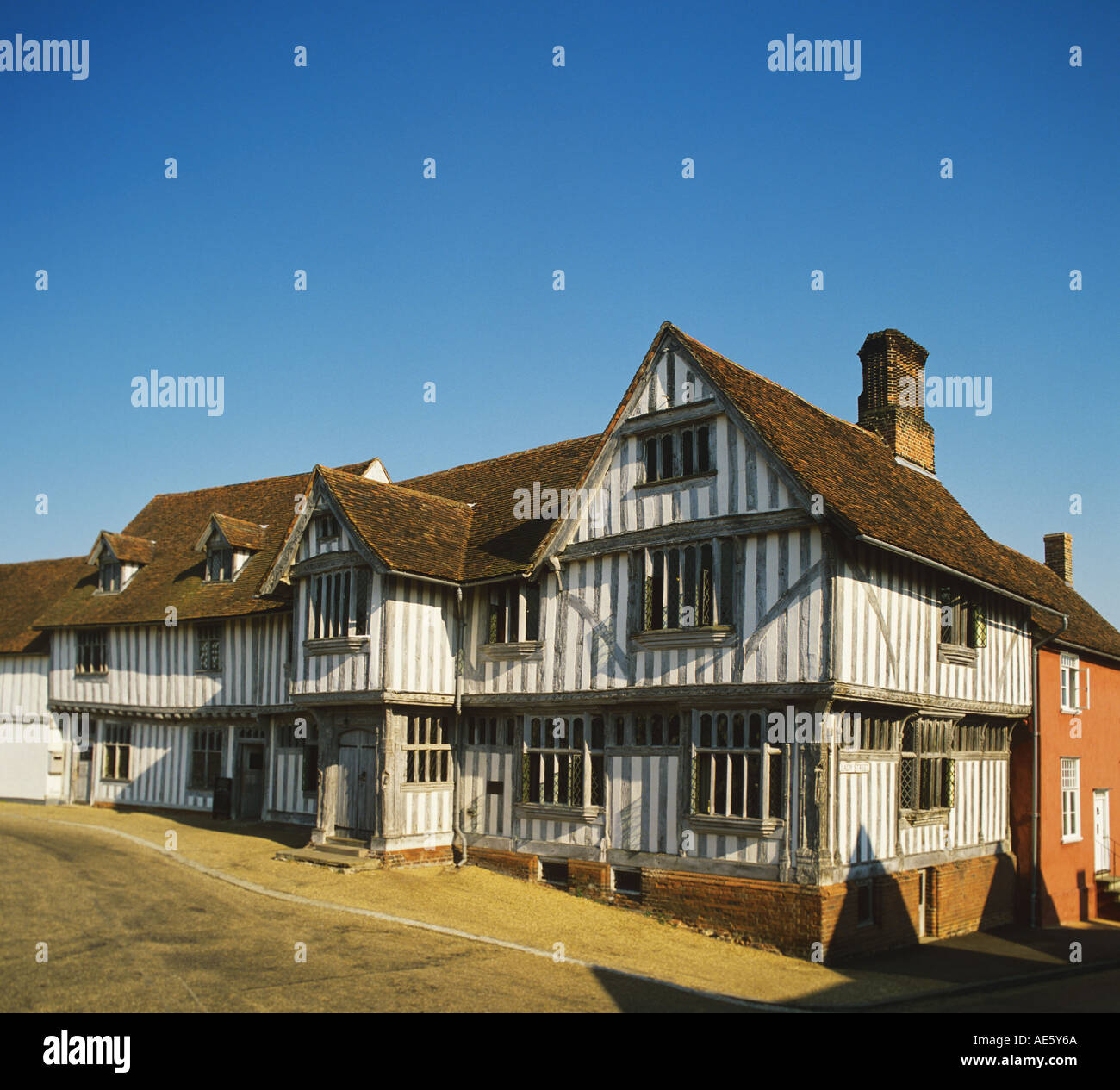 Timber frame building  from 1529 Traditional Lime wash carved windows doors and corner structural timbers Suffolk Stock Photo