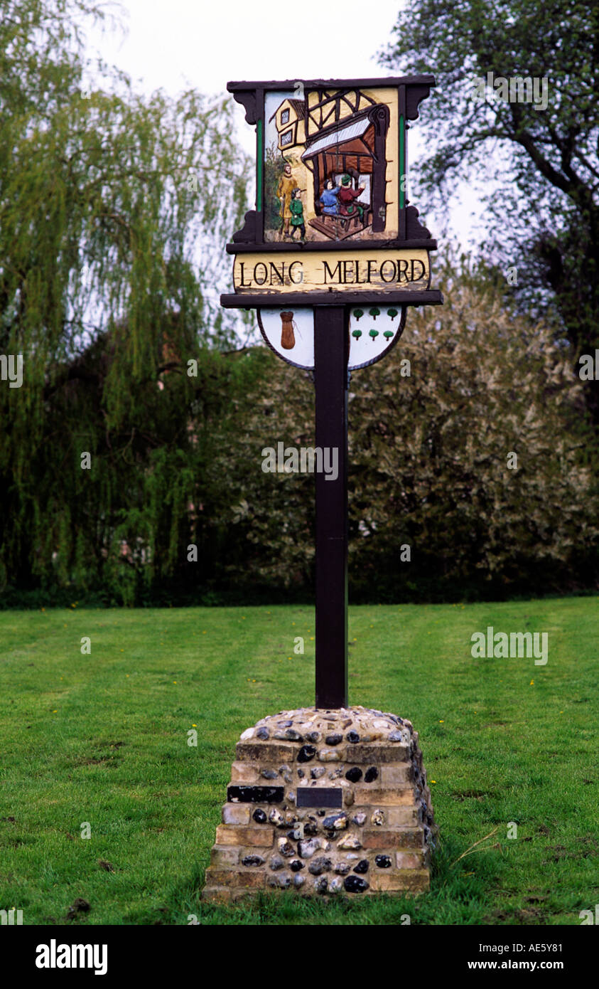 Village sign Long Melford On the small green at the north end of the long high street Suffolk Stock Photo