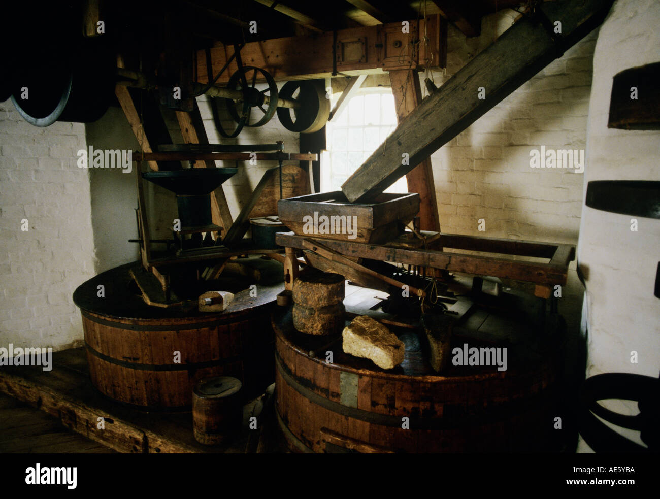 milling machinery in working order Saxted Green restored windmill Stock Photo