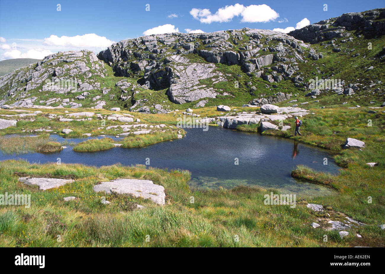 Hill walking Scotland Galloway Hills hill walker walkng beside a lochan Galloway Forest Park UK Stock Photo