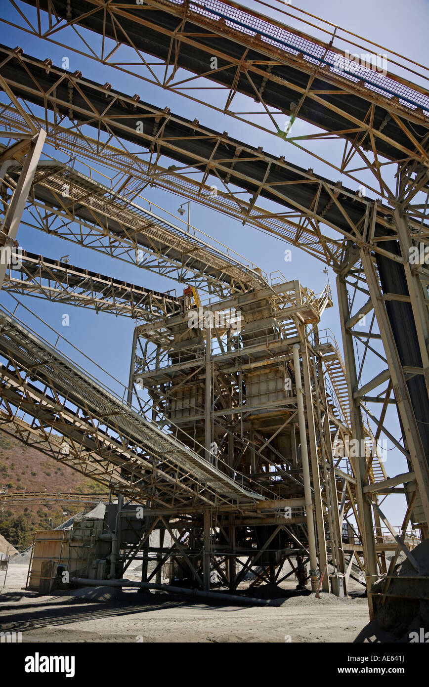 A complex CONVEYER BELT SYSTEM sorts and delivers ROCK PRODUCTS at