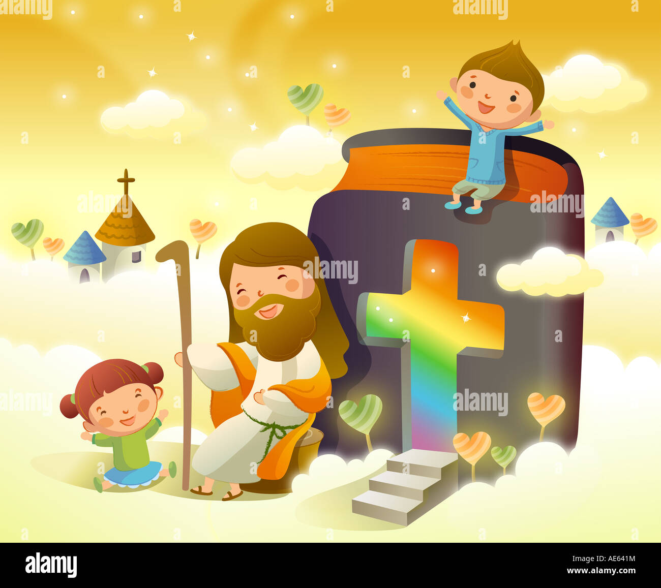 Jesus Christ sitting with two children and smiling Stock Photo - Alamy