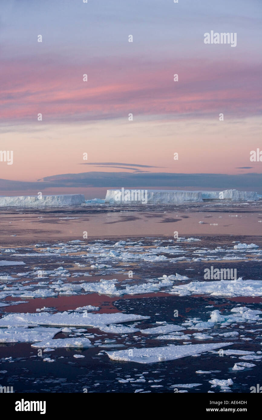 Antarctica Erebus and Terror Gulf Floating pans of ice in Weddell Sea at sunset on early summer evening Stock Photo