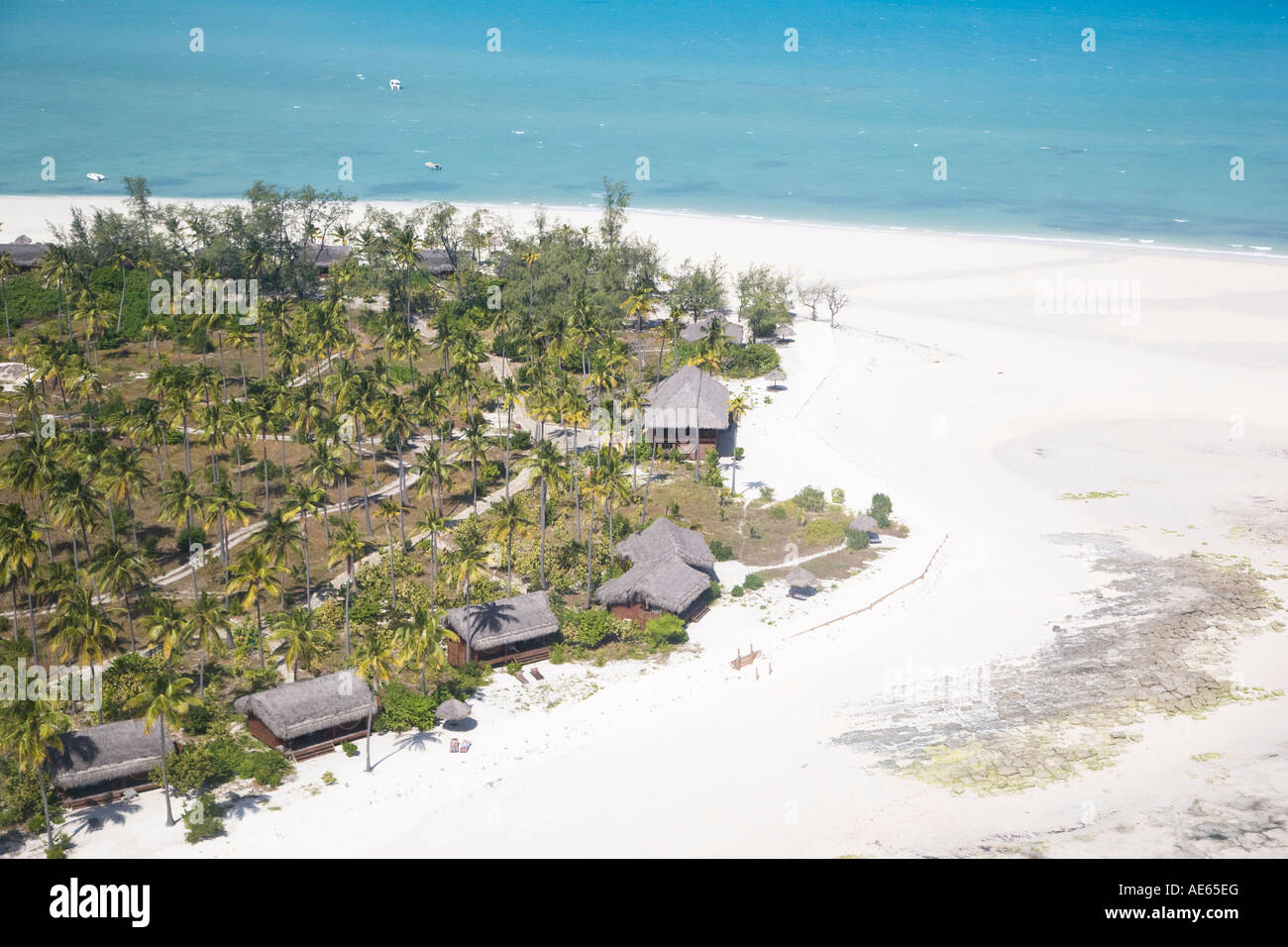 Aerial view of the lodge on Metomo Island in the Quirimbas Archipelago near Pemba in northern Mozambique Stock Photo