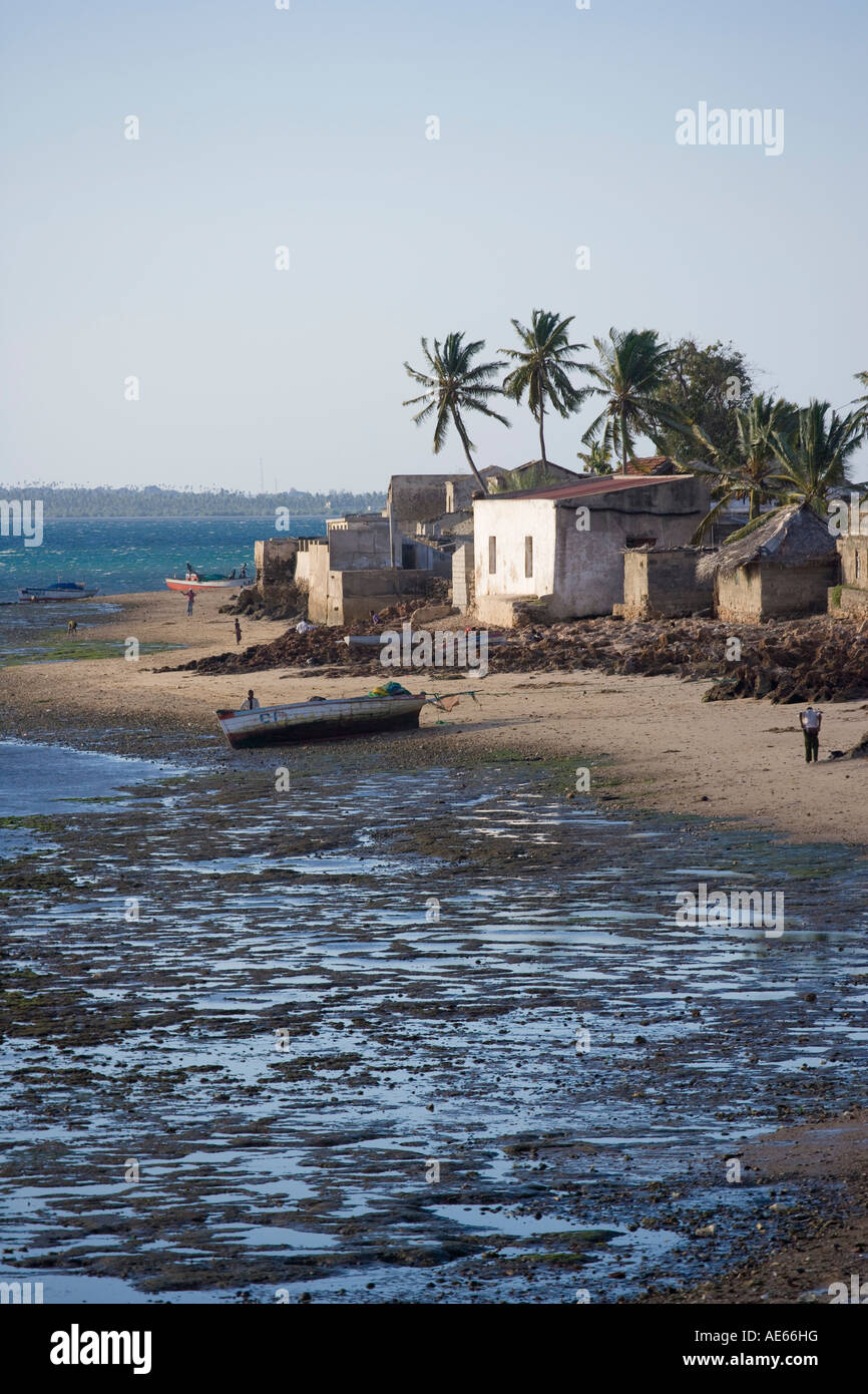 Houses from the reed town line the shore of the southern end of Ilha do
