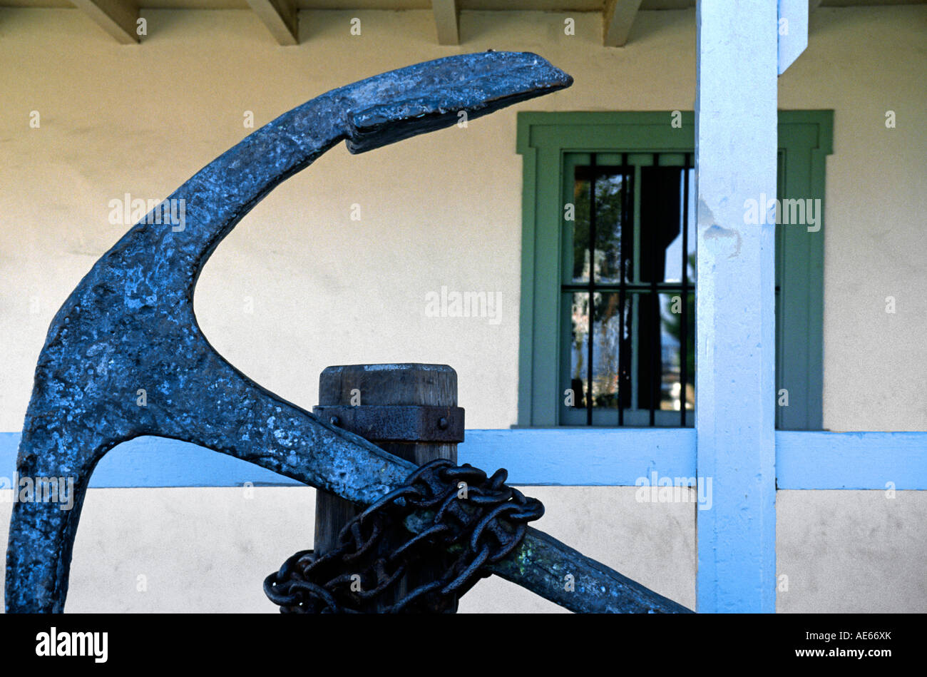 OLD ANCHOR on display at the historical MONTEREY CUSTOMS HOUSE MONTEREY CALIFORNIA Stock Photo