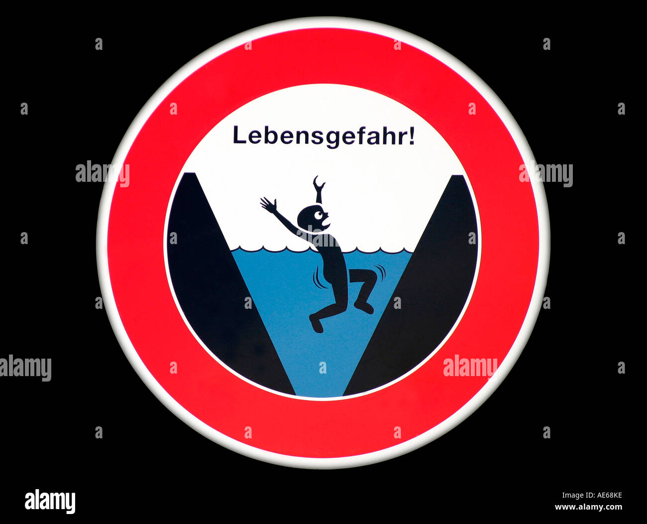 warning sign at the Emscher mortal danger danger of drowning due to heavy currents Stock Photo