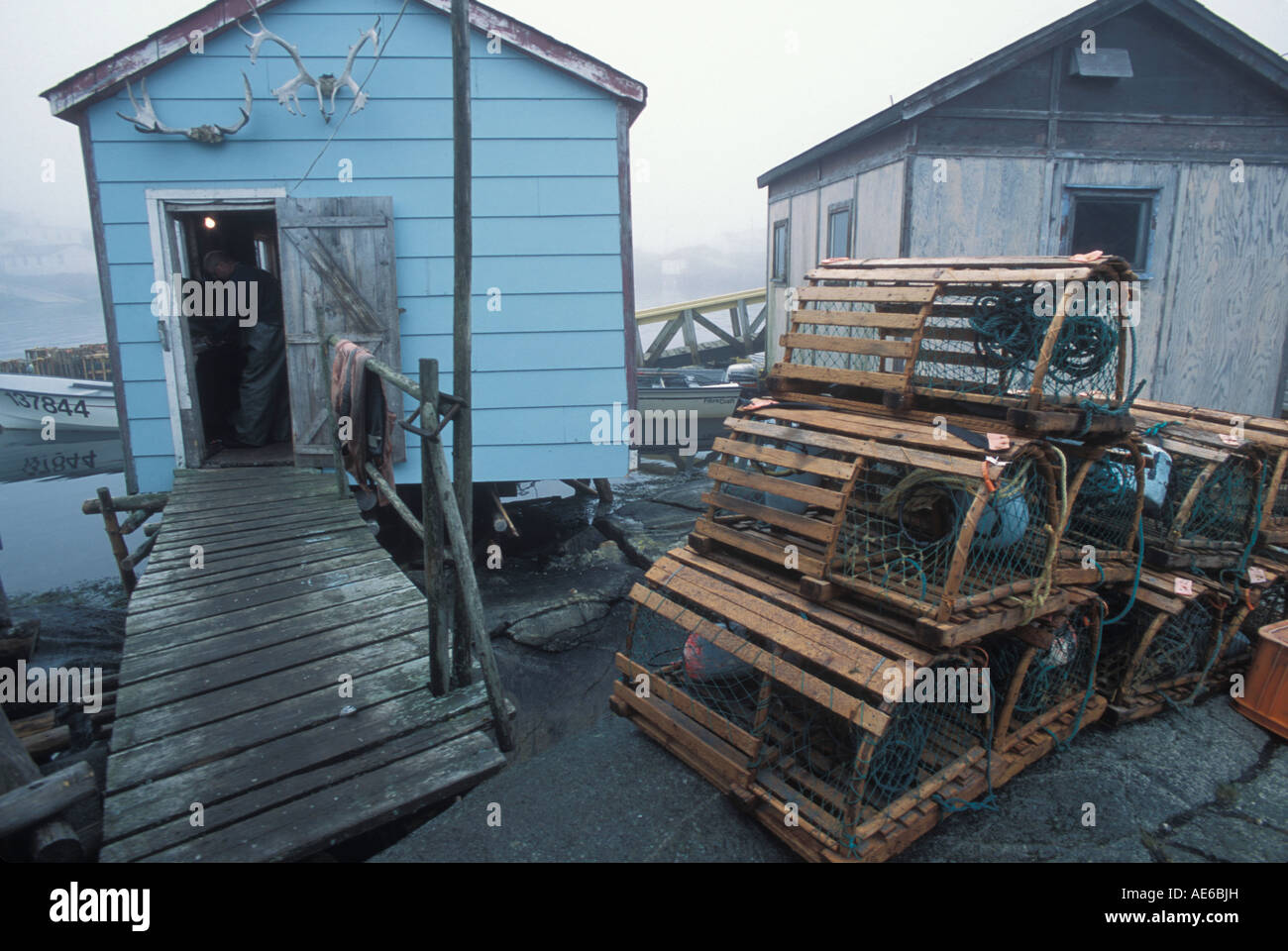 Fisherman hut and old wooden lobster traps on the tiny outport village of Grand Bruit Newfoundland Canada Stock Photo