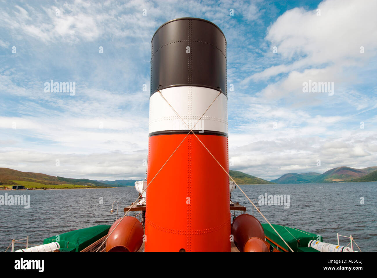 On board the Paddle Steamer Waverley as she cruises towards the Kyles of Bute on the Firth of Clyde, Scotland. Stock Photo