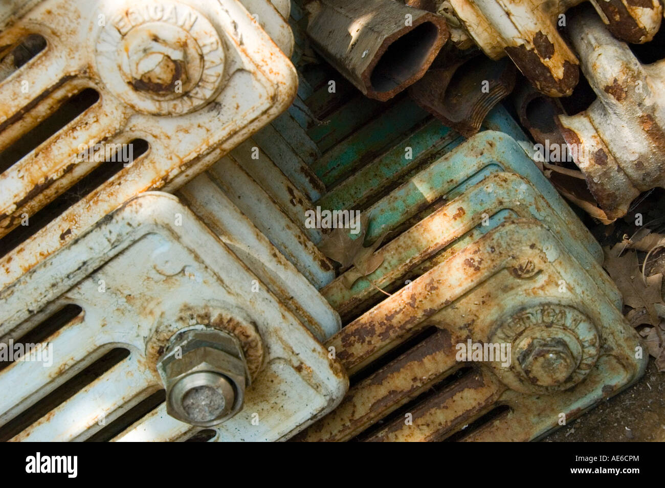 Rusting radiators in a pile Stock Photo