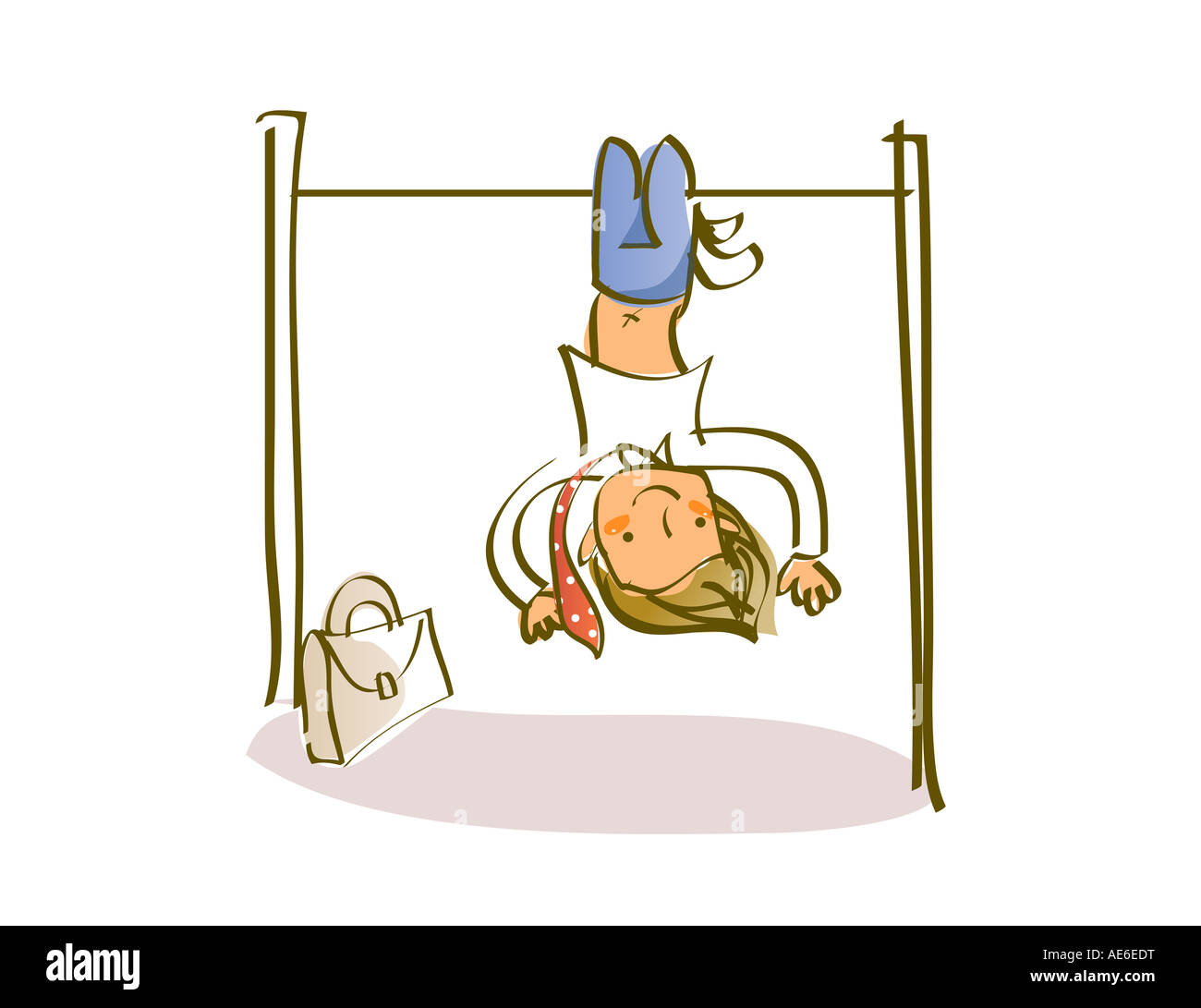Schoolboy hanging upside down on a gymnastics bar Stock Photo Alamy