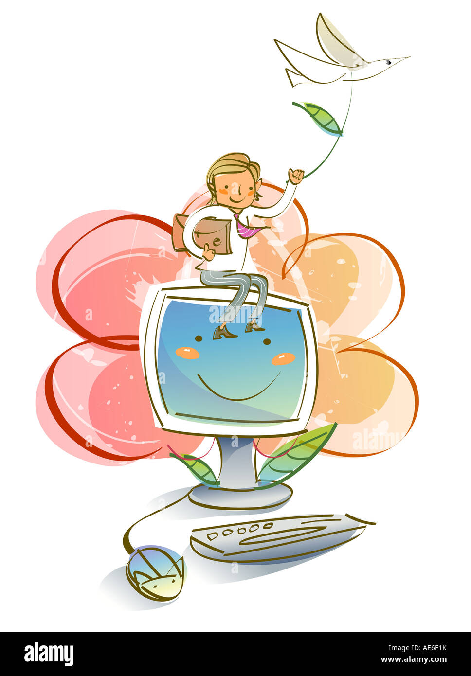 Schoolboy sitting on a computer monitor Stock Photo - Alamy