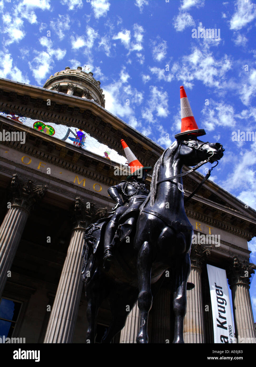 Statue of Duke of Wellington with traffic cones outside Museum of