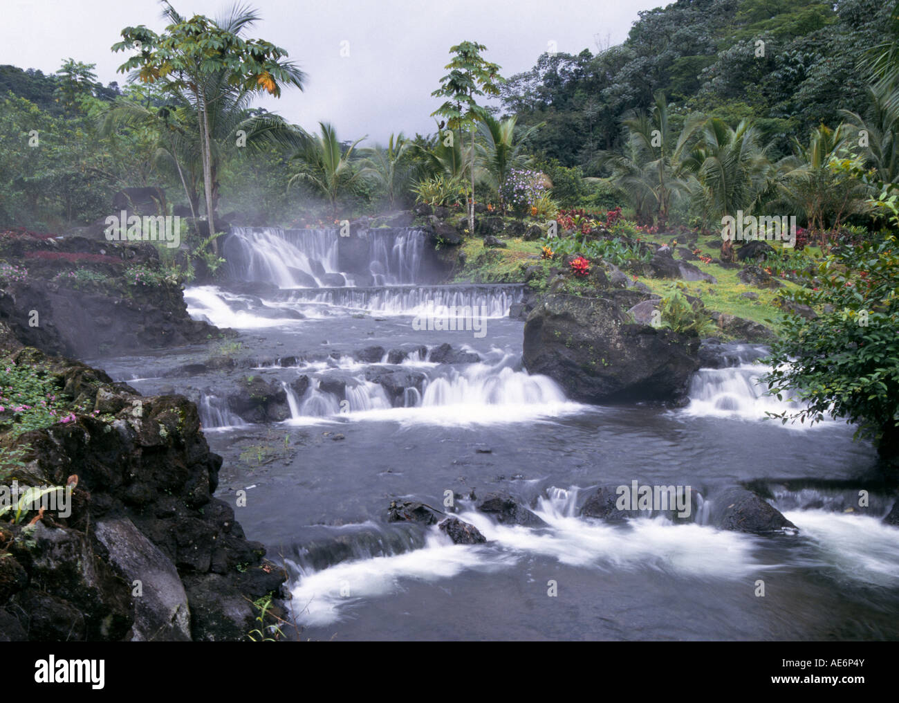 Waterfalls and hot water from the bowels of Arenal Volcano at Tabacon Hot  Springs in the dense rain forest of the highlands, Costa Rica Stock Photo -  Alamy