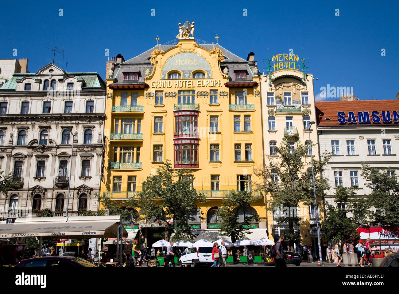 Cafe Tramvaj and Grand Hotel Europa on Wenceslas Square, Prague Stock Photo