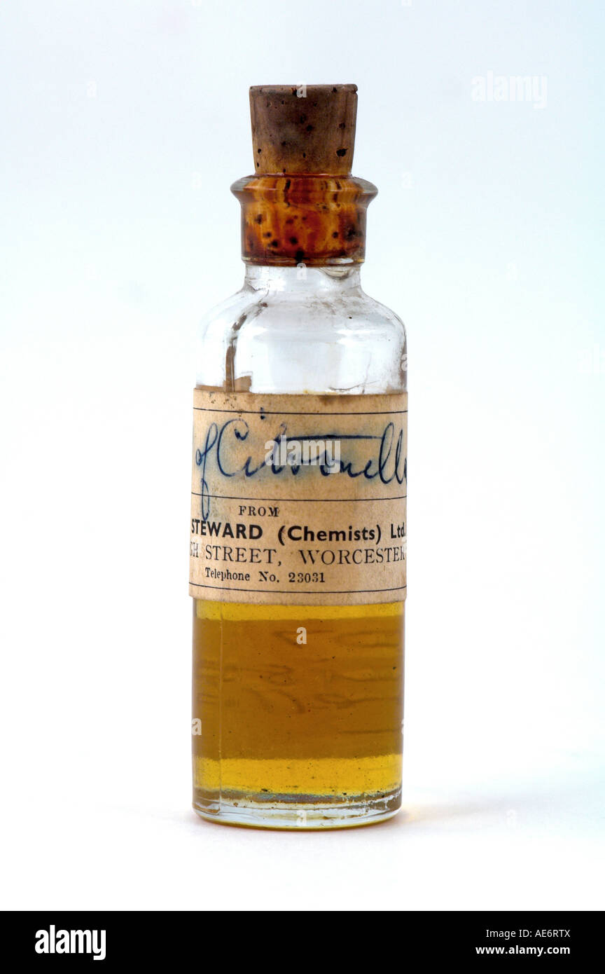 Oil of Citronella in glass bottle with cork stopper from Steward Chemist Worcester EDITORIAL USE ONLY Stock Photo