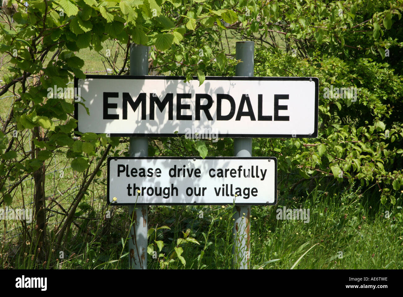 Sign at the Emmerdale set, near Leeds England Stock Photo