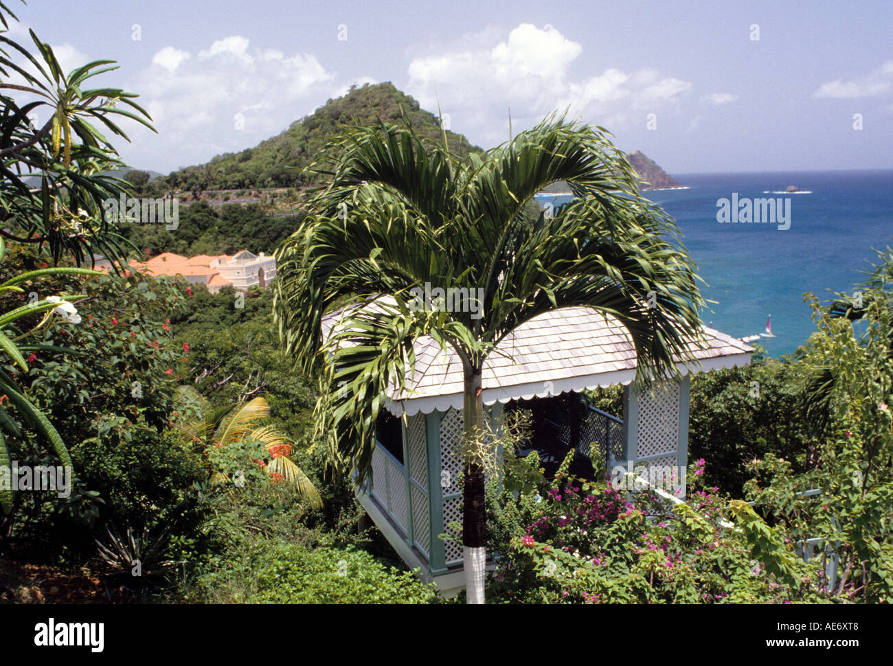 Pavilion in tropical surrounding with sea views, St Lucia Stock Photo