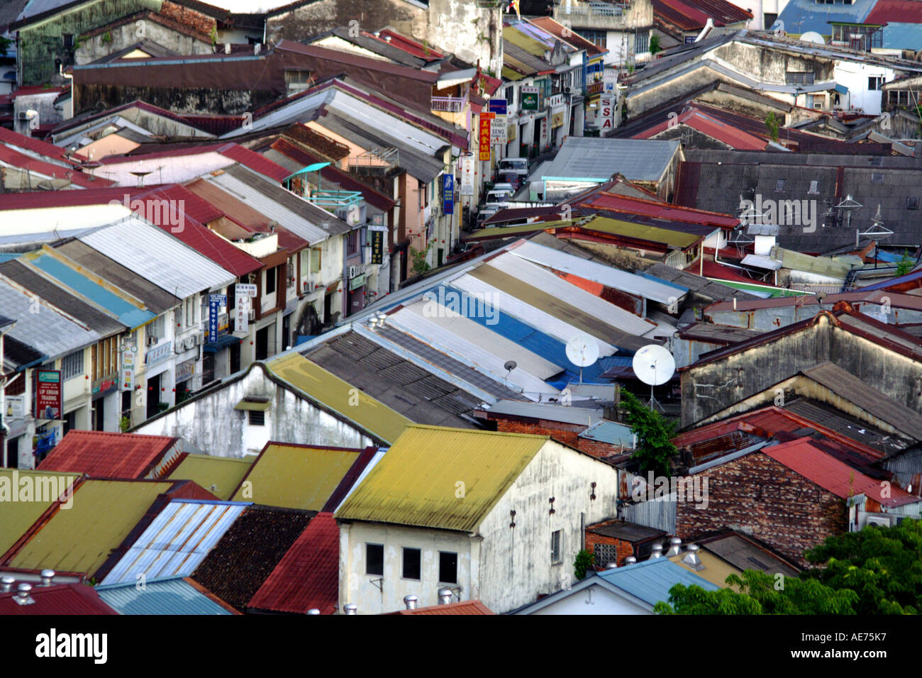 Sky Cityscape of Jalan Carpenter and Old Kuching Buildings, Sarawak, Borneo, Malaysia Stock Photo
