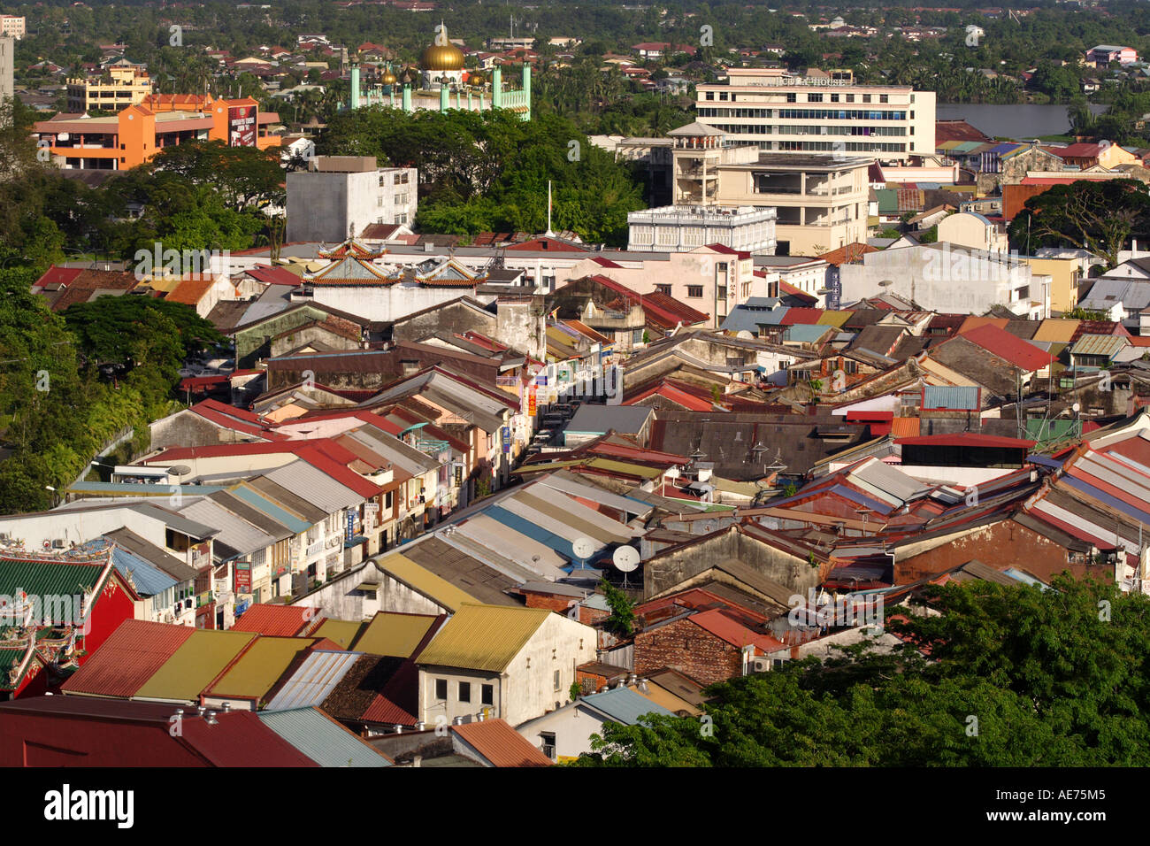 Sky Cityscape of Jalan Carpenter and Old Kuching Buildings, Kuching, Sarawak, Borneo, Malaysia Stock Photo