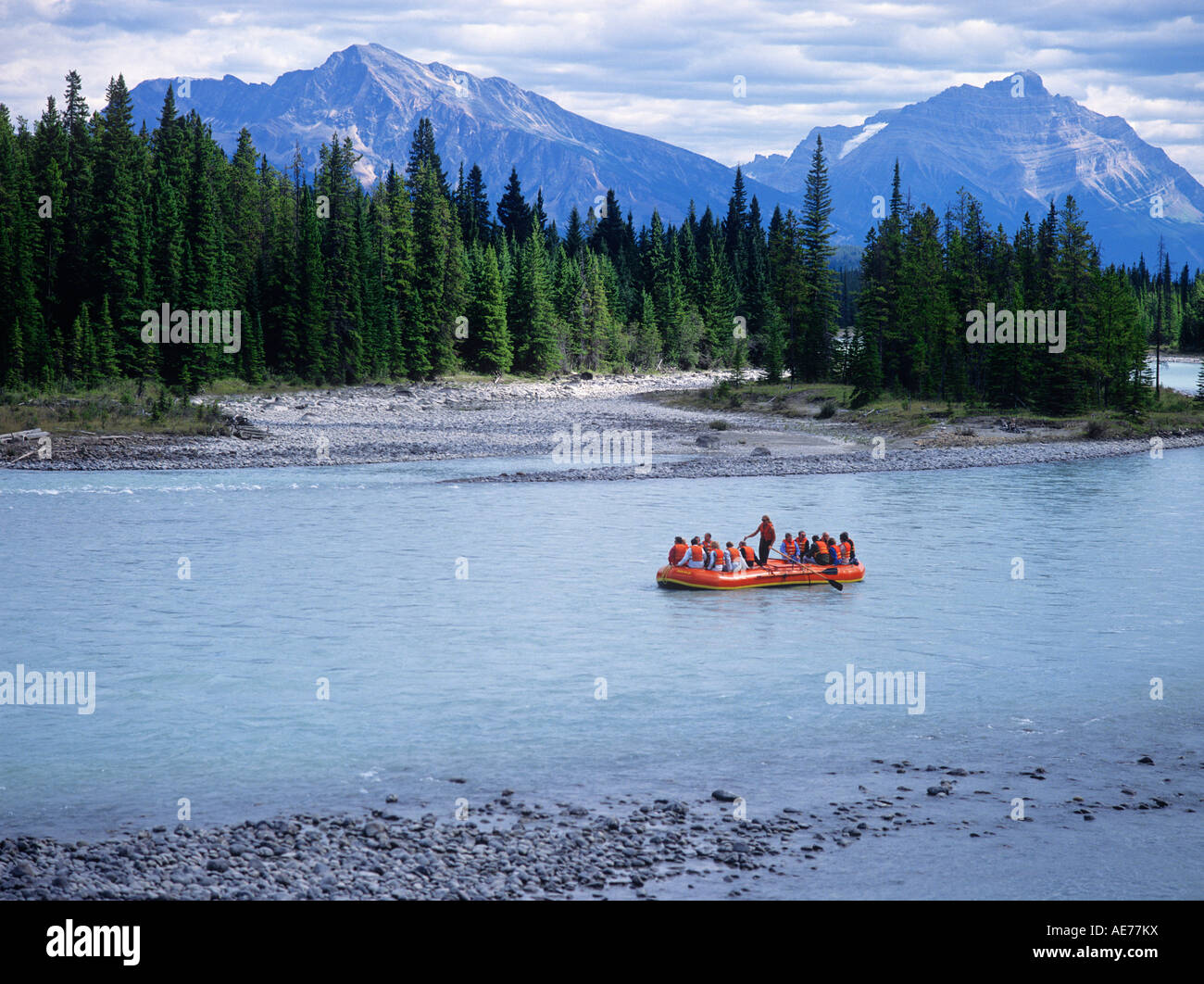 raft rafting Alberta 'Jasper National Park' Canada 'Athabasca River' Stock Photo