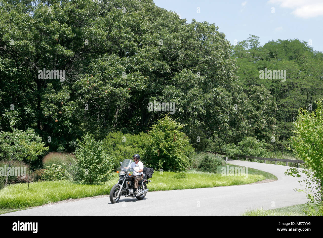 Valparaiso Indiana,Taltree Arboretum and Gardens,adult adults man men male,motorcycle motorcycles,road,visitors travel traveling tour tourist tourism Stock Photo
