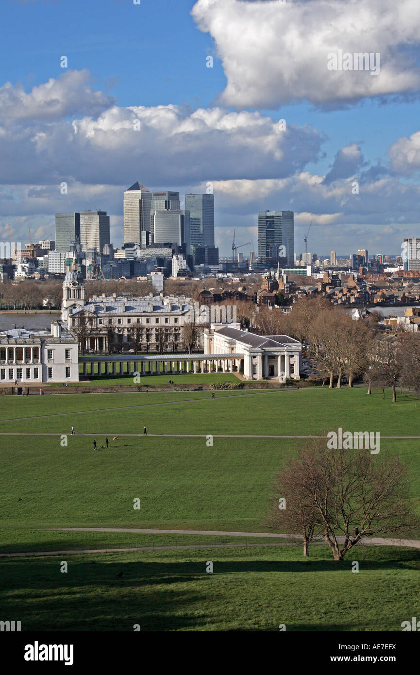 View of the Royal Naval College and Canary Wharf from Greenwich Observatory, London, England Stock Photo
