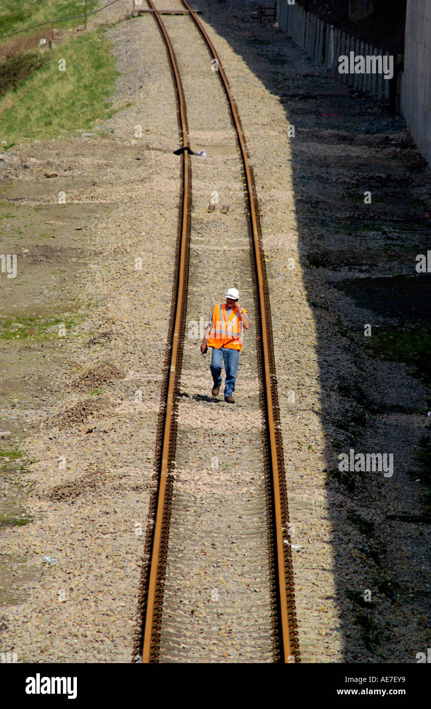 Track engineer walking railway lines at Ebbw Vale Blaenau Gwent South
