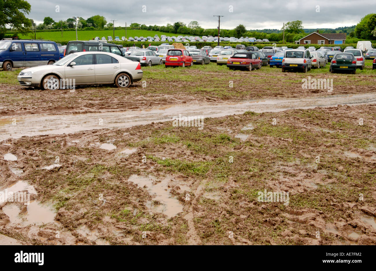 Wet muddy car park at Hay Festival Hay on Wye Powys Wales UK Stock Photo