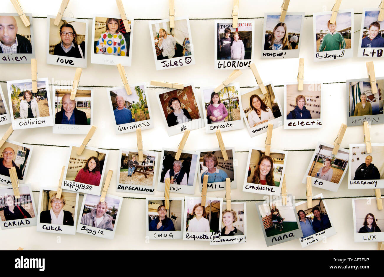 Polaroid portraits with peoples favorite words at The Guardian Hay Festival 2006 Hay on Wye Powys Wales UK Stock Photo