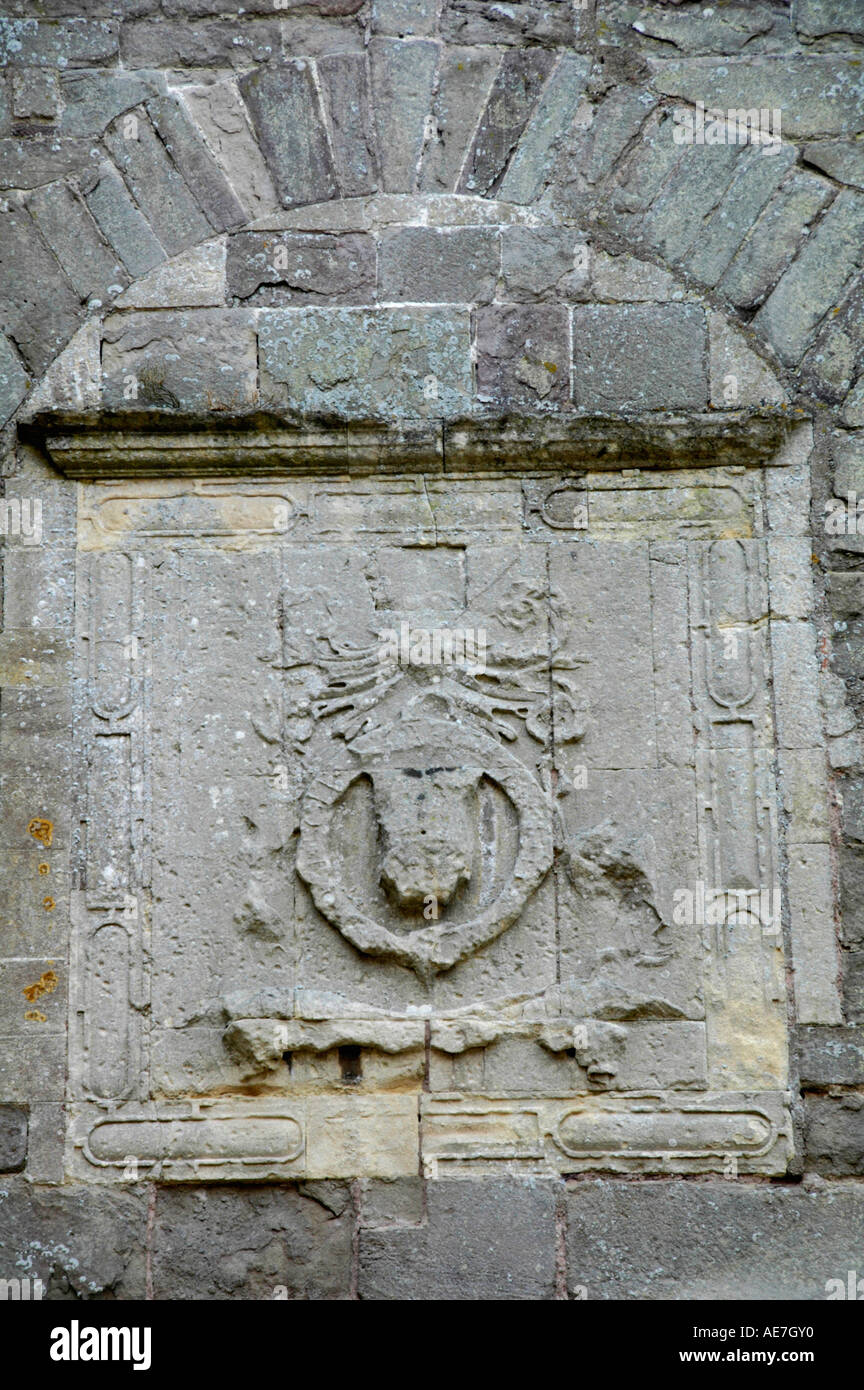 Coat of Arms of third earl of Worcester as Knight of the Garter in The Hall, Raglan Castle Monmouthshire South East Wales UK Stock Photo