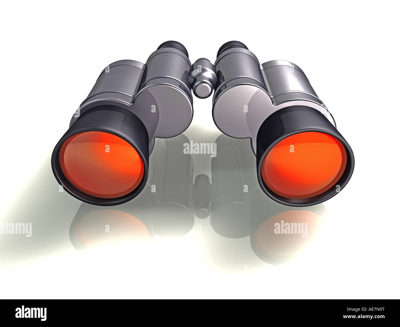 3d concept illustration of binoculars with orange lenses Stock Photo