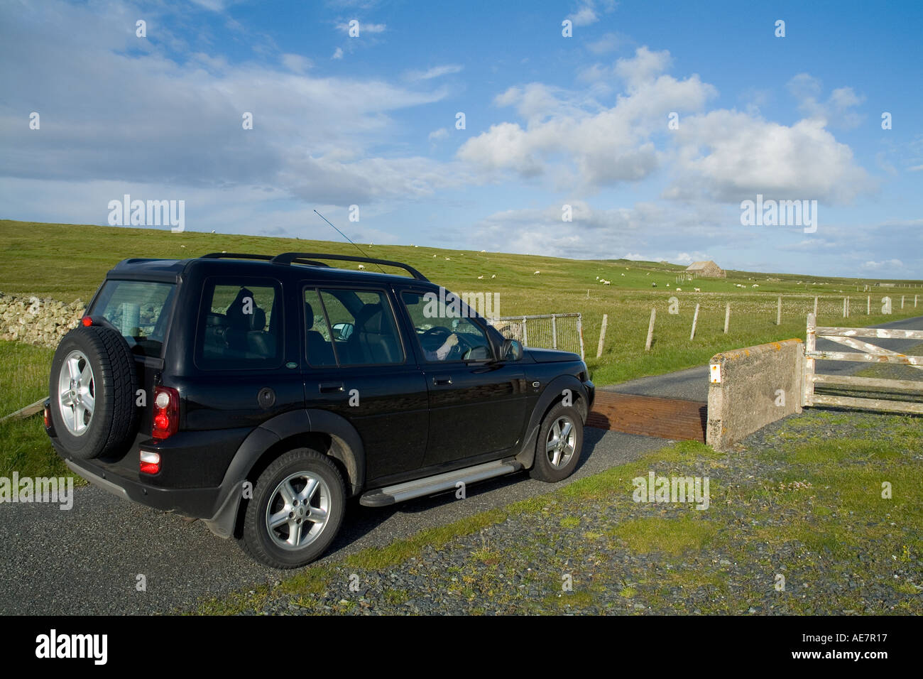 dh freelander LAND ROVER UK 4x4 suv cattle grid in country road landrover shetland car Stock Photo