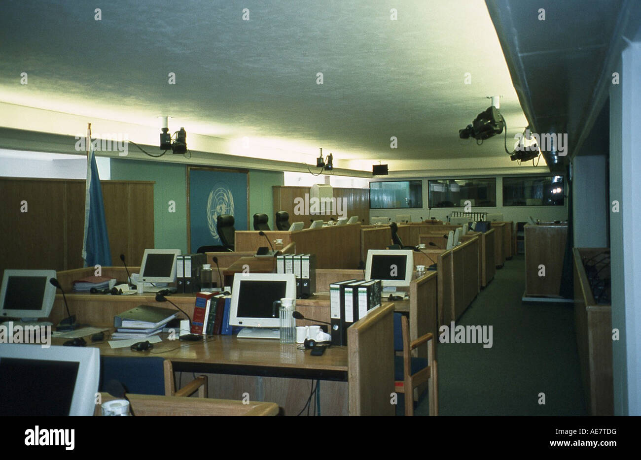 Trial Chamber of the United Nations International Criminal Tribunal for Rwanda with UN-symbol, cameras and translator booths, T Stock Photo