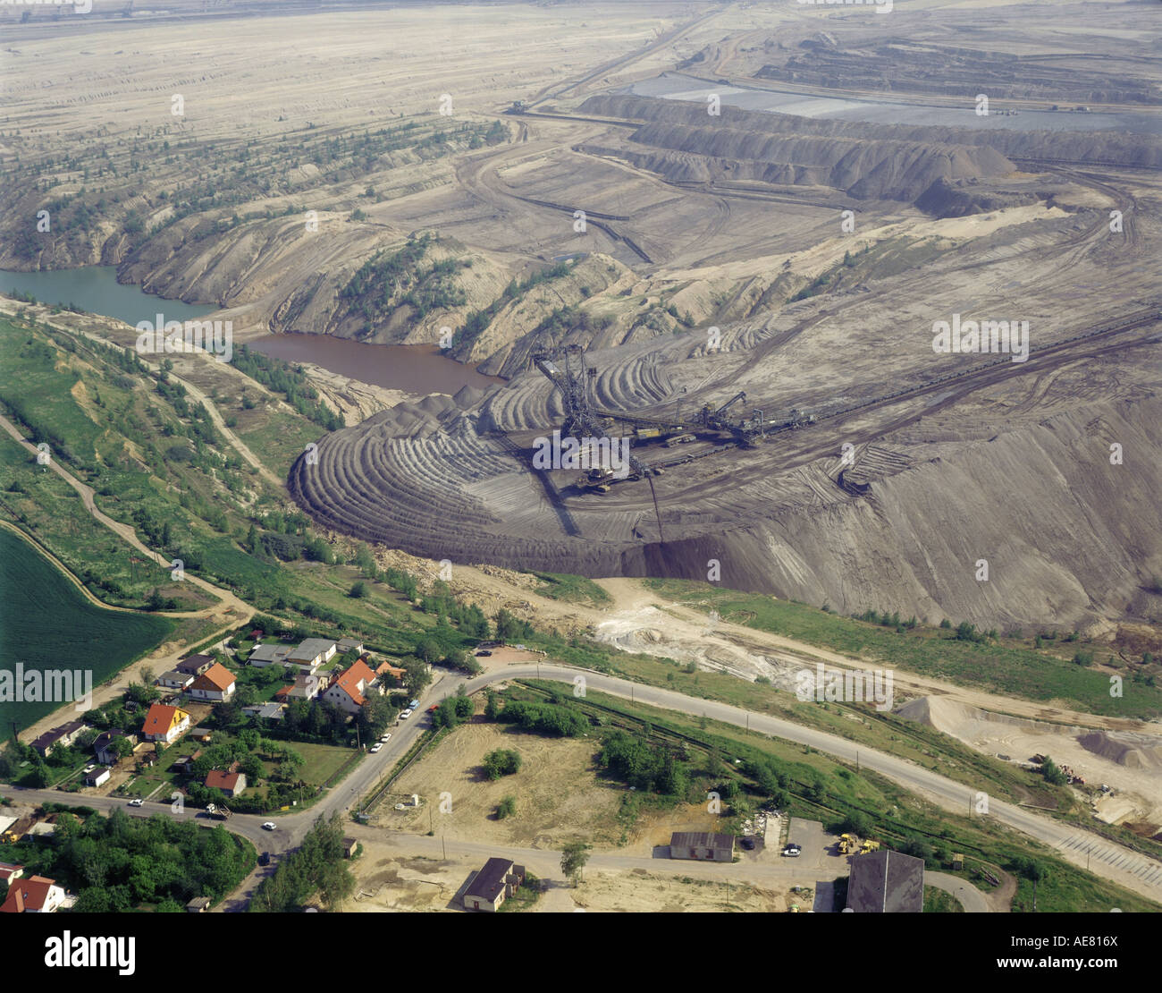 brown coal digging near Leipzig, mining dump and crane, Germany, Saxony Stock Photo