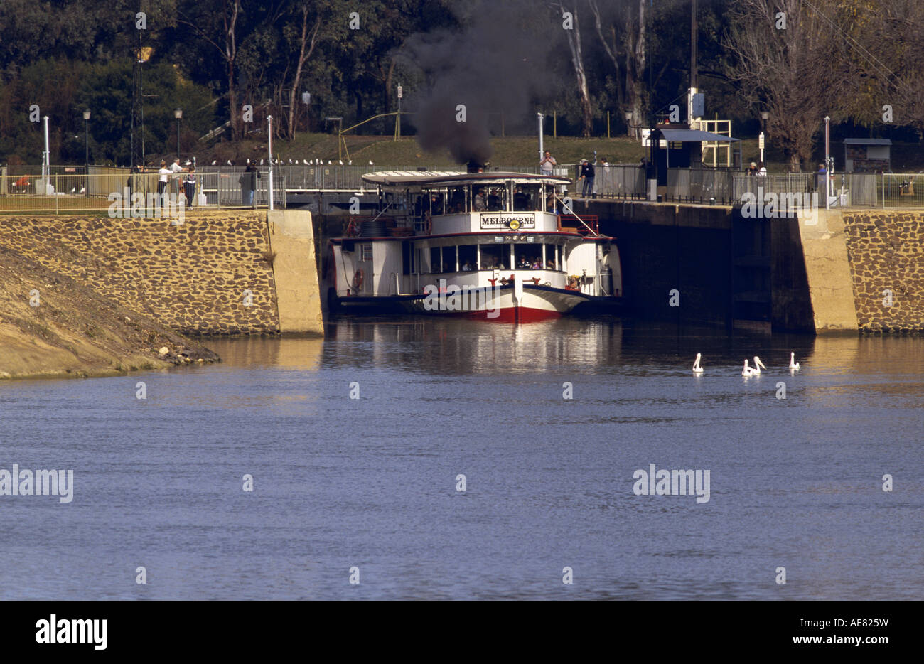 Boat at lock on Murray River, Australia, horizontal, Stock Photo