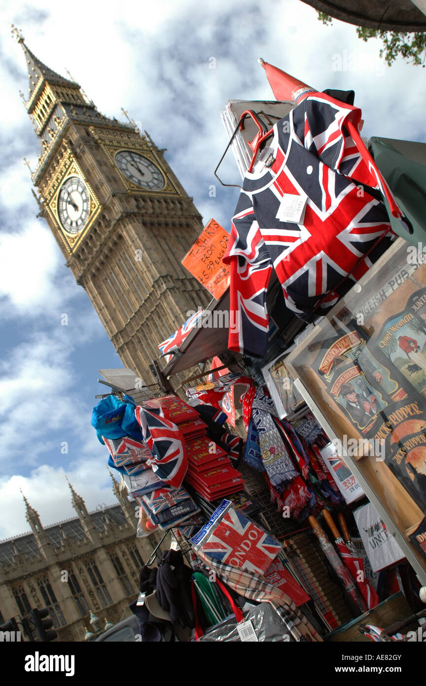 Union Jack Flags for sale near Big Ben, England Stock Photo