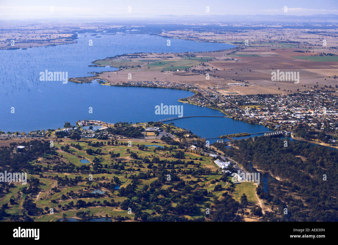 Yarrawonga and Mulwala townships on “Lake Mulwala” Australia Stock