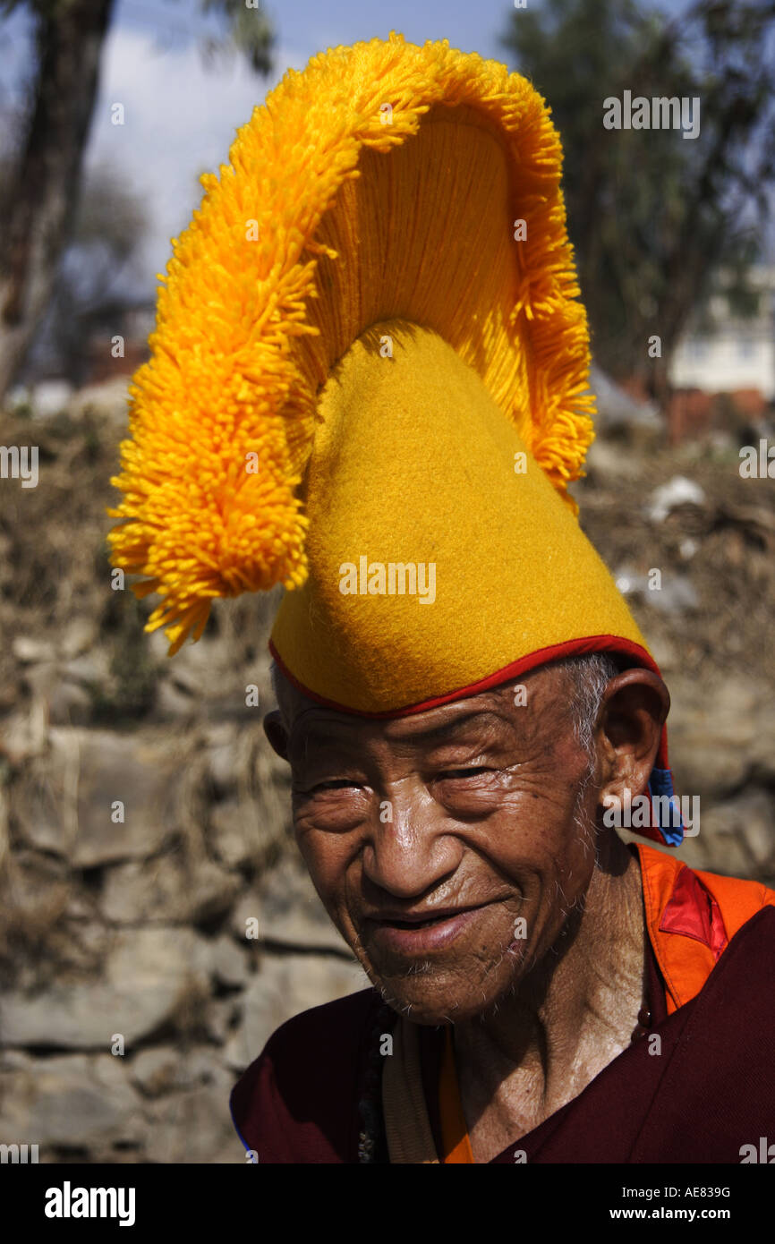 Old monk of the Buddhist Lamaist Gelug sect, Nepal 2007 Stock Photo