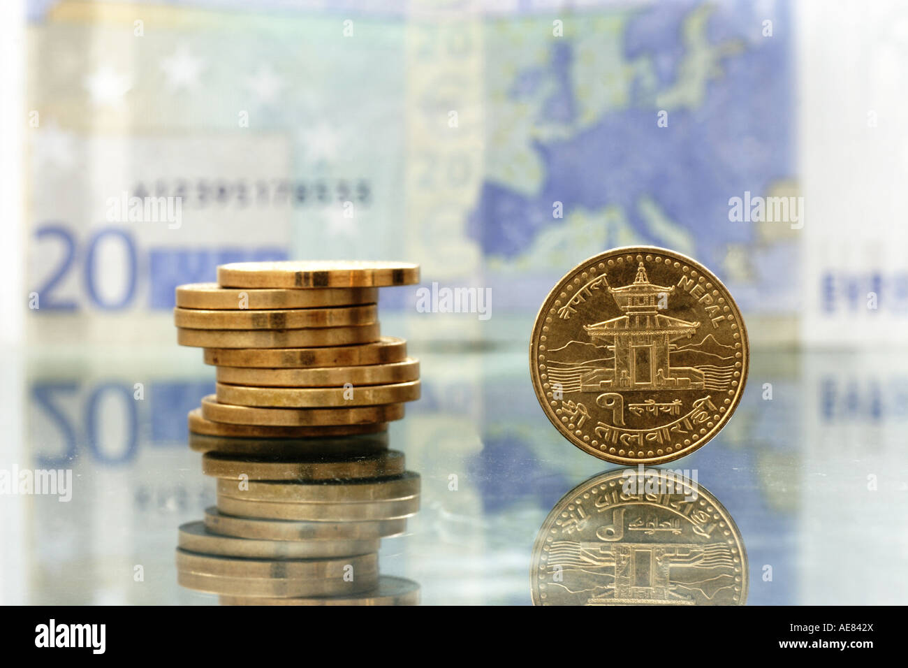 Nepalese and European currency 10 rupees and 20 Euro s Stock Photo
