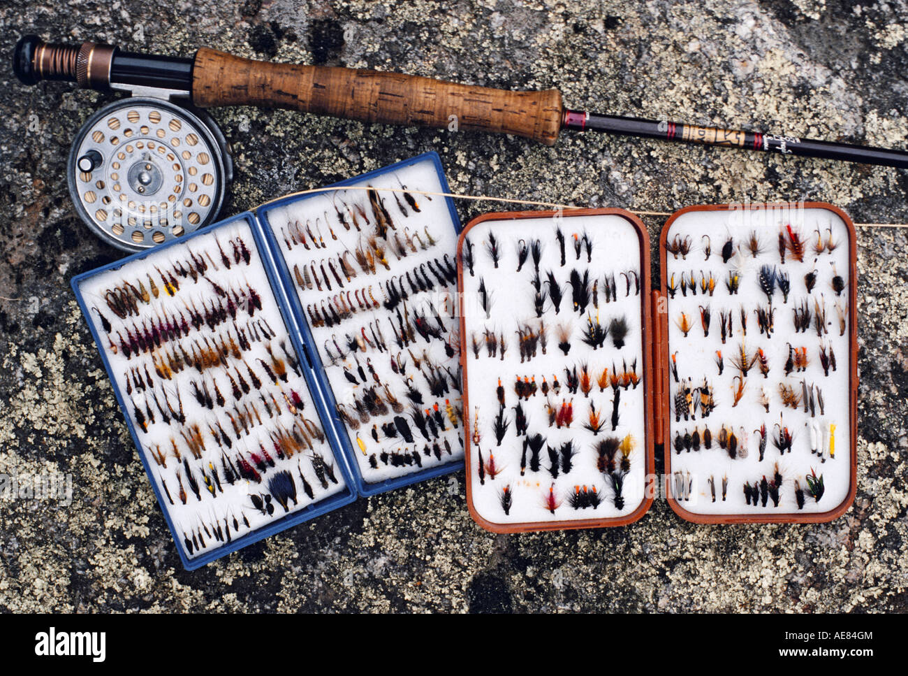 ^Fly fishing box,  rod and reel, Australia, horizontal Stock Photo