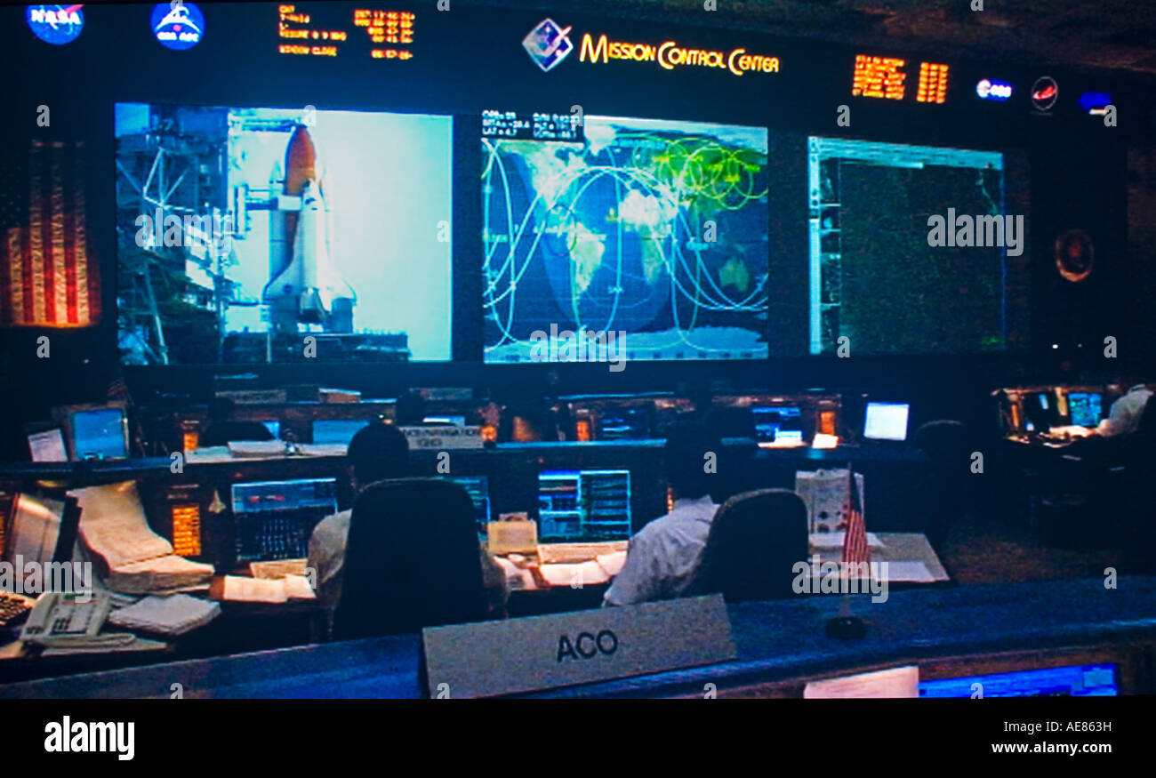 Mission Control Center in Houston during shuttle launch from Florida Stock Photo