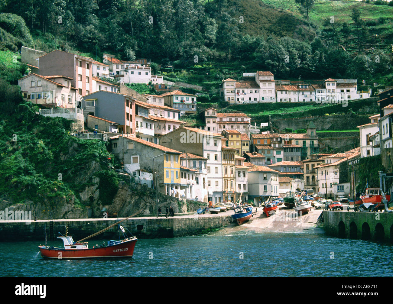Fishing boats in sea, Cudillero, Asturias, Spain Stock Photo
