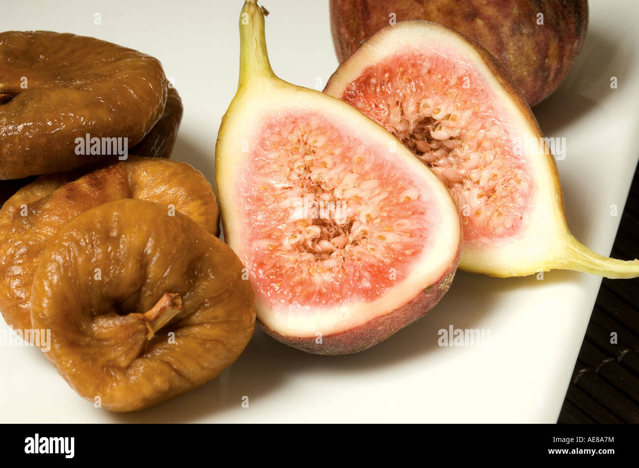 Close up of fresh and dried fruit figs ficus carica Stock Photo